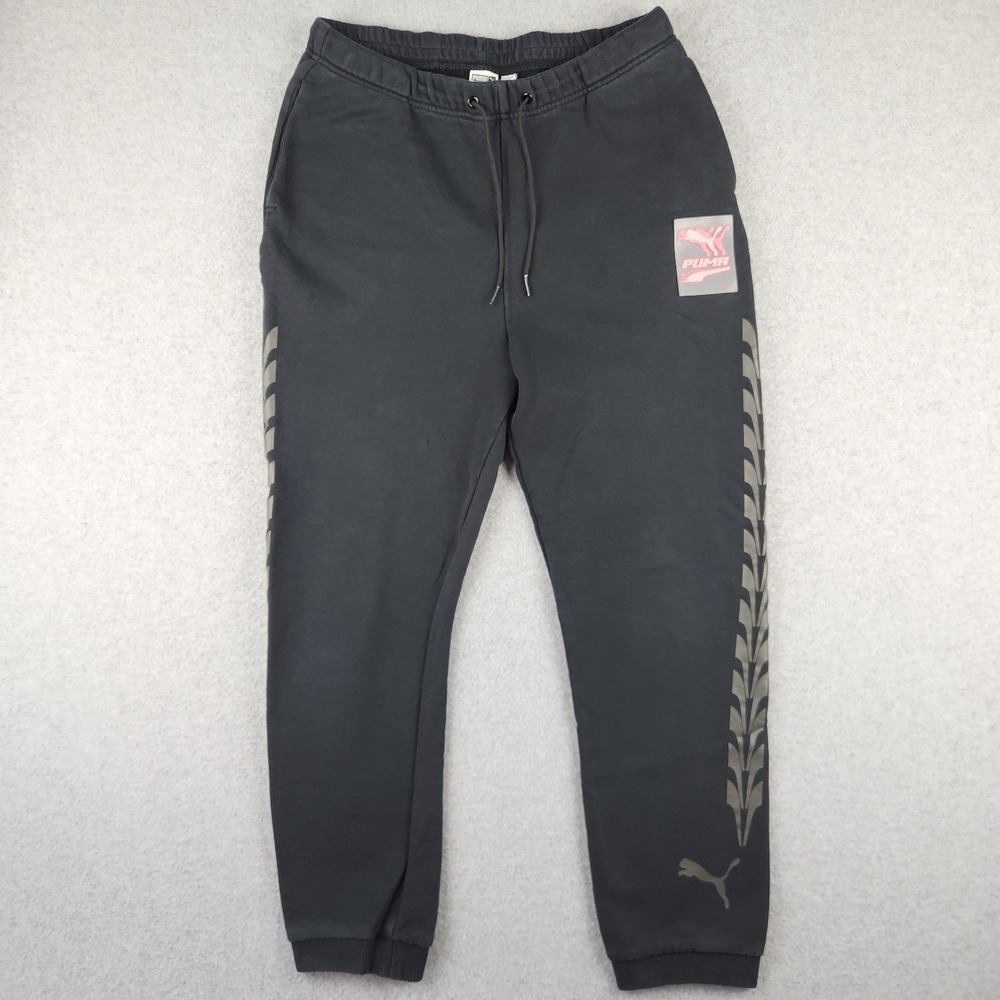 Puma Women's High Waist Jogger Black Pink Embroidered‎ Size S Small Sweat Pants